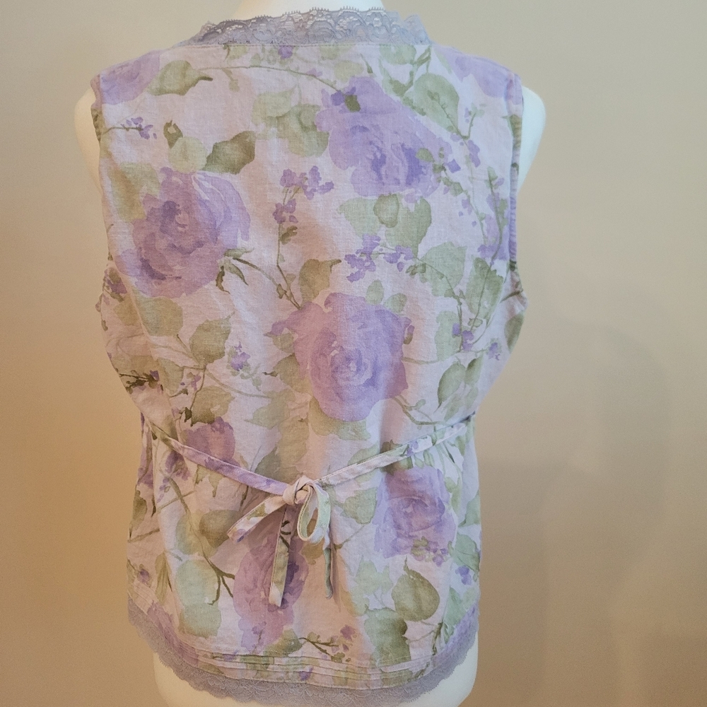 Linen, Floral Lavender Sleeveless Top And  Matching Pants, Norton Studio, Lace - Picture 3 of 10